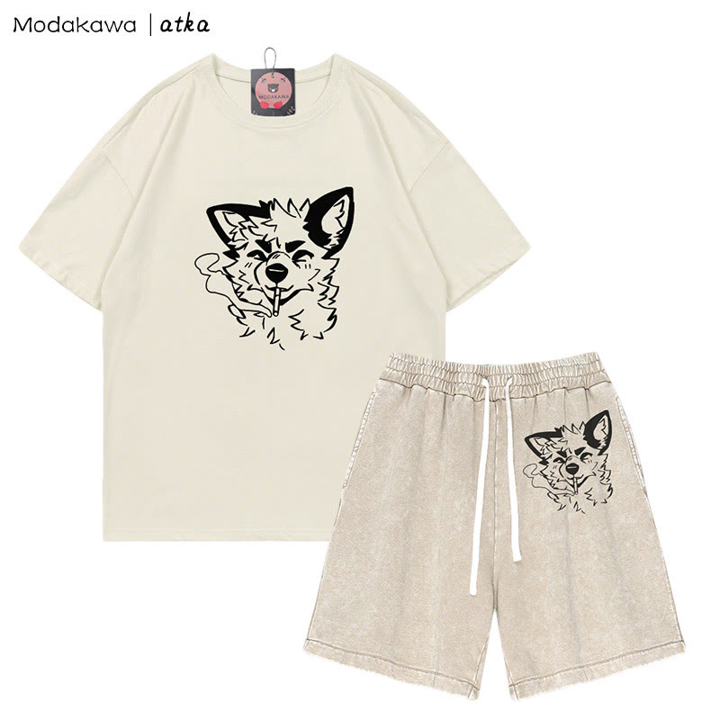 MODAKAWA X atka Fox Smoking Graphic T-Shirt Vintage Washed Shorts Zweiteiliges Set - Beige - 3XL - image 5