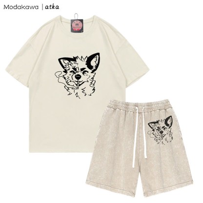 MODAKAWA X atka Fox Smoking Graphic T-Shirt Vintage Washed Shorts Zweiteiliges Set - Beige - 3XL - image 5
