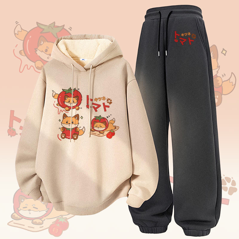 MODAKAWA Zweiteiliges Set aus Kapuzenpullover und Hose mit dickem Fleecefutter und Tomatenfuchs-Motiv - Apricot&Dark Grey - 5XL - image 3