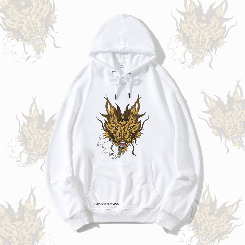 MODAKAWA Smoking Dragon Grafik Streetwear Pullover Hoodie - White - 5XL - image 4