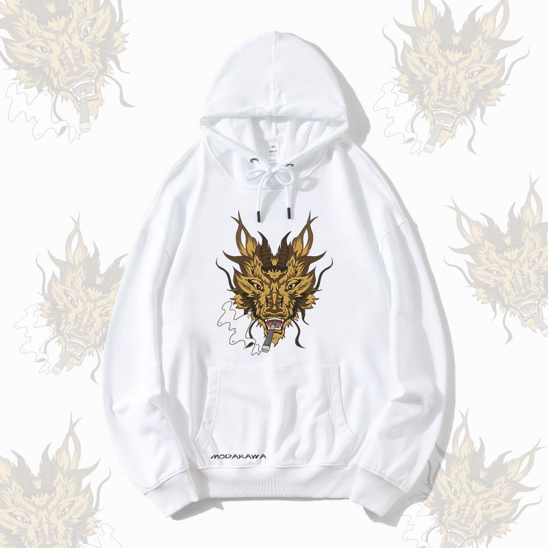 MODAKAWA Smoking Dragon Grafik Streetwear Pullover Hoodie - White - 5XL - image 4