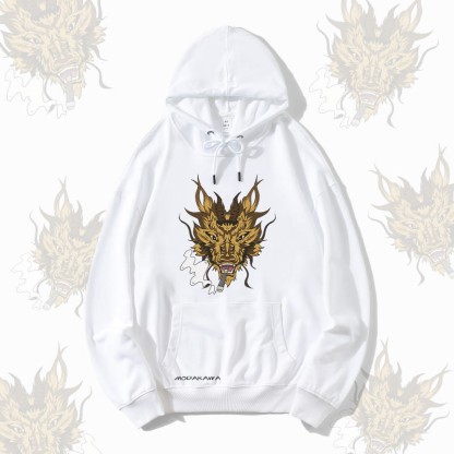 MODAKAWA Smoking Dragon Grafik Streetwear Pullover Hoodie - White - 5XL - image 4