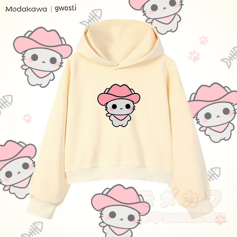 MODAKAWA X gwosti Pink Meowdy Graphic Cropped Cotton Hoodie - Aprikose - 3XL - image 3