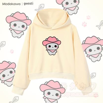 MODAKAWA X gwosti Pink Meowdy Graphic Cropped Cotton Hoodie - Aprikose - 3XL - image 3