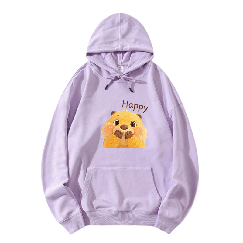 Modakawa Hoodie mit HAPPY Capybara-Modifikator und lockerer Passform aus Baumwollmischgewebe - Light Purple - 5XL - image 5