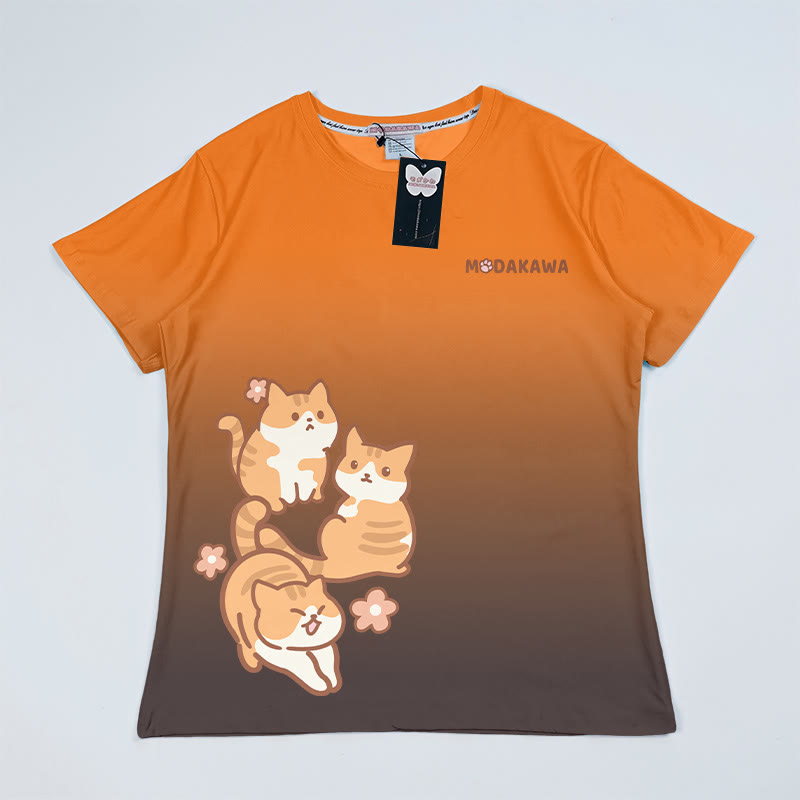 T-Shirt mit Farbverlauf und Kätzchen-Grafik - Orange&Schwarz - 5XL - image 4