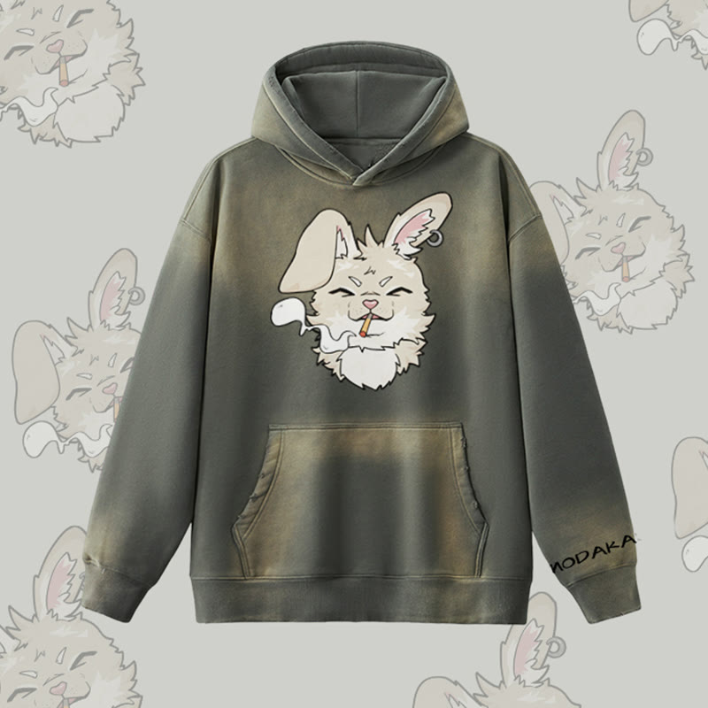 MODAKAWA Smoking Bunny Grafik Vintage Washed Fleece Lined Hoodie - Grey - 2XL - image 3