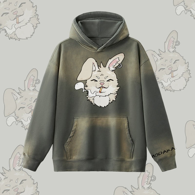 MODAKAWA Smoking Bunny Grafik Vintage Washed Fleece Lined Hoodie - Grey - 2XL - image 3
