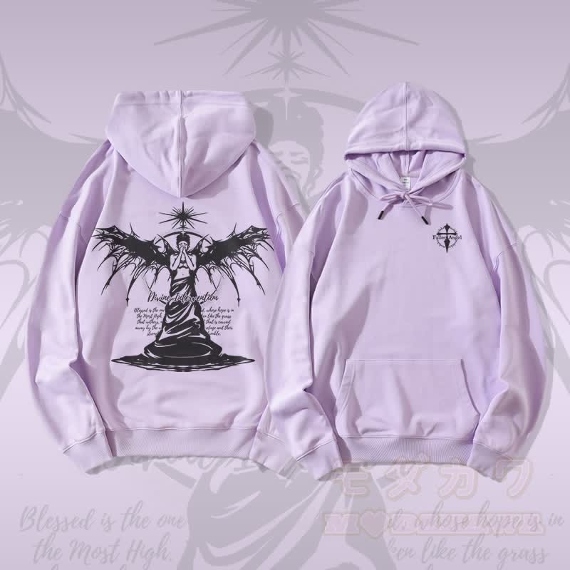 MODAKAWA GÖTTLICHE INTERVENTION Schwarzflügel-Engel-Grafik Streetwear Pullover Hoodie - Lila - 5XL - image 3