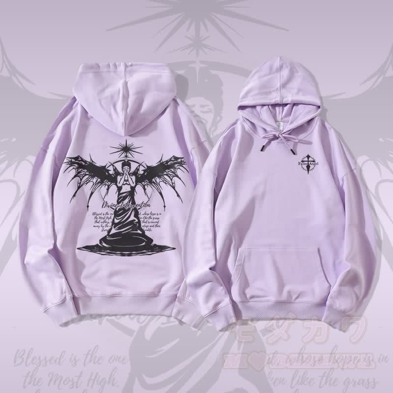 MODAKAWA GÖTTLICHE INTERVENTION Schwarzflügel-Engel-Grafik Streetwear Pullover Hoodie - Lila - 5XL - image 3