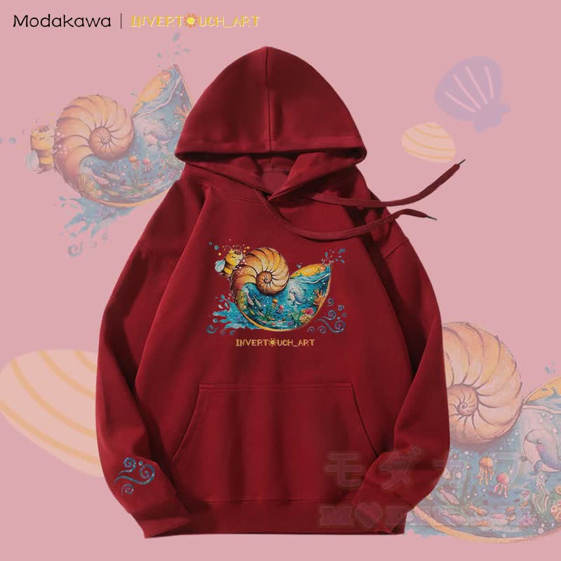 MODAKAWA X INVERTOUCH_ART Fleecegefütterter Hoodie mit Muschel- und Bienenmotiv - Rot - 5XL - image 5