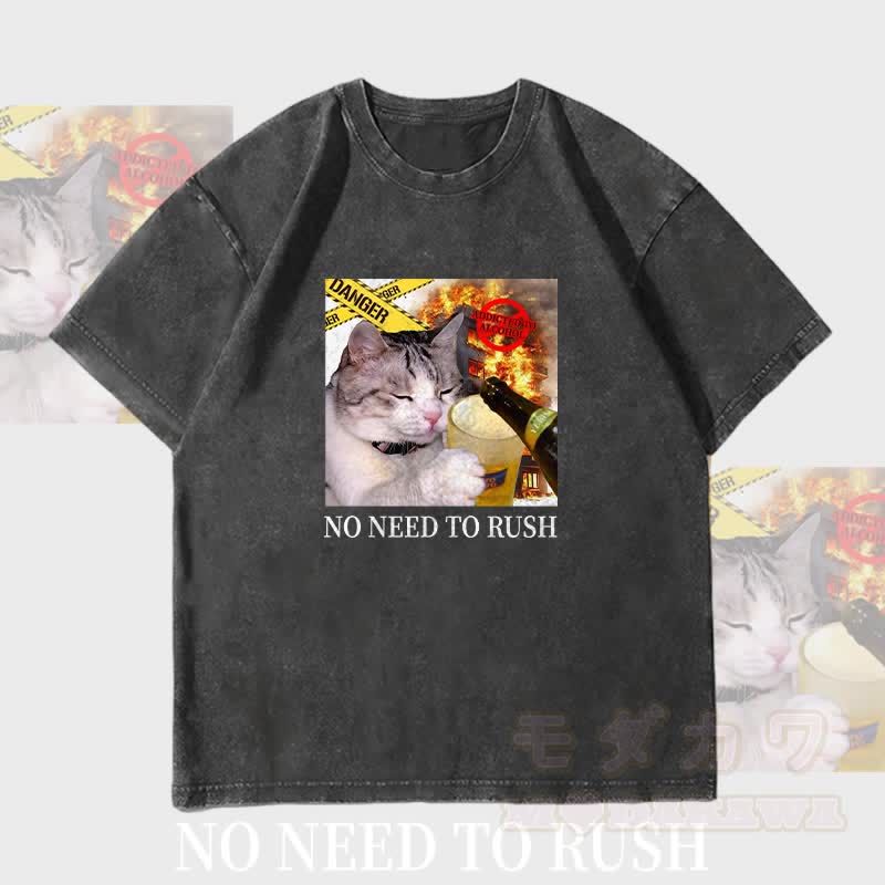 MODAKAWA NO NEED TO RUSH Trinkkatze Grafik Unisex Vintage Washed T-Shirt - Schwarz - 4XL - image 4