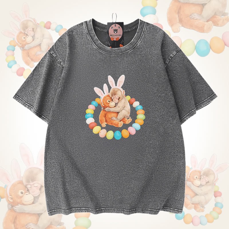 Modakawa Unisex Vintage Washed T-Shirt mit Osterei-Affen-Motiv - Grey - 5XL - image 6