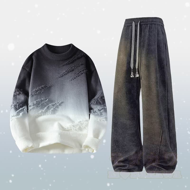 Zweiteiliger Strickpullover mit Farbverlauf und Rissen, dazu eine fleecegefütterte Hose - Satz C - 4XL - image 3