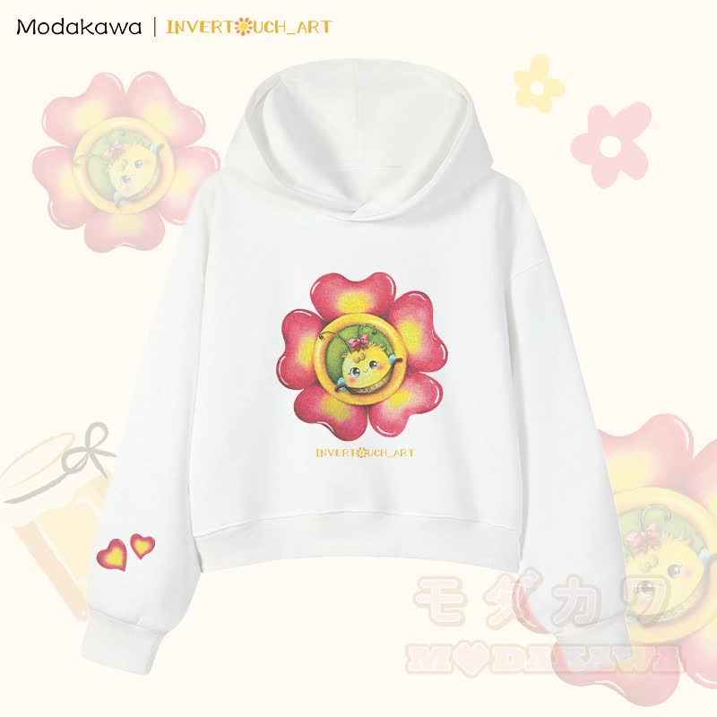 MODAKAWA X INVERTOUCH_ART Flower Bee Graphic Modakawa Cropped Cotton Hoodie - Weiß B - 3XL - image 5