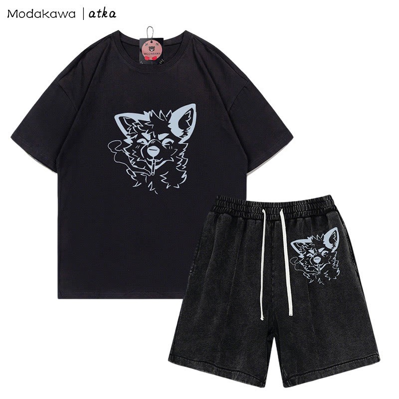 MODAKAWA X atka Fox Smoking Graphic T-Shirt Vintage Washed Shorts Zweiteiliges Set - Black - 3XL - image 7