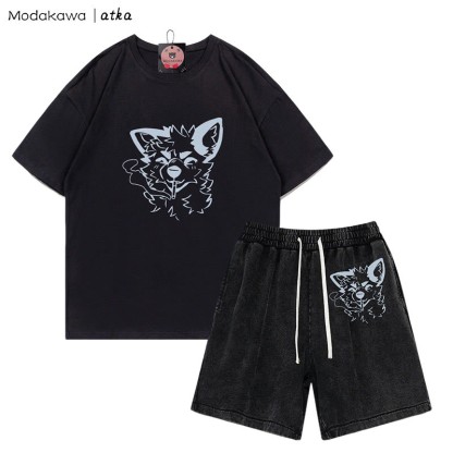 MODAKAWA X atka Fox Smoking Graphic T-Shirt Vintage Washed Shorts Zweiteiliges Set - Black - 3XL - image 7