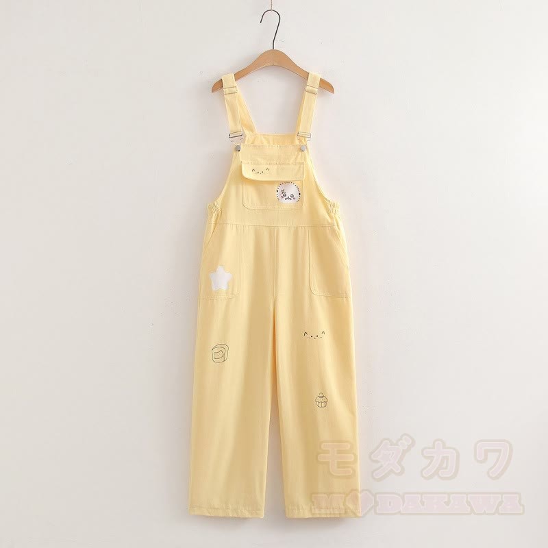 Zweiteiliges Set aus weißem Kurzarm-T-Shirt im College-Stil mit Print und weitem Bein sowie bedruckter Latzhose. - Gelbe Overalls - XL - image 13
