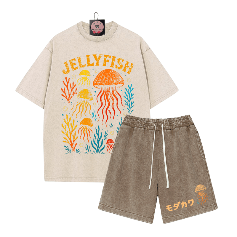 JELLYFISH T-Shirt Vintage Washed Shorts MODAKAWA Zweiteiliges Set - Apricot&Brown - 3XL - image 7