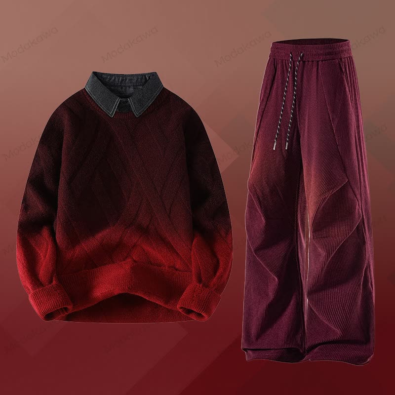 Zweiteiliger Pullover in Strickoptik mit Lagenlook und Cordhose - Satz I - 3XL - image 9