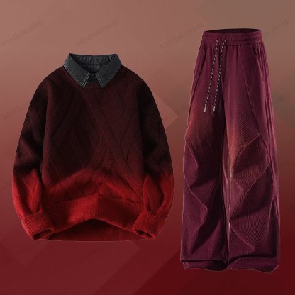 Zweiteiliger Pullover in Strickoptik mit Lagenlook und Cordhose - Satz I - 3XL - image 9