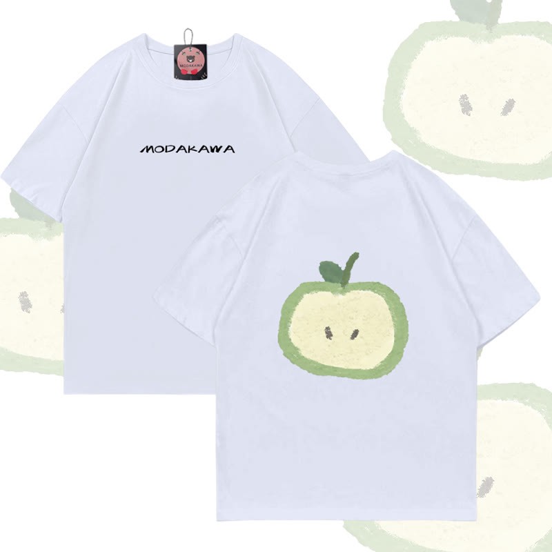Modakawa Baumwoll-T-Shirt mit grünem Apfel-Motiv - White - 5XL - image 3