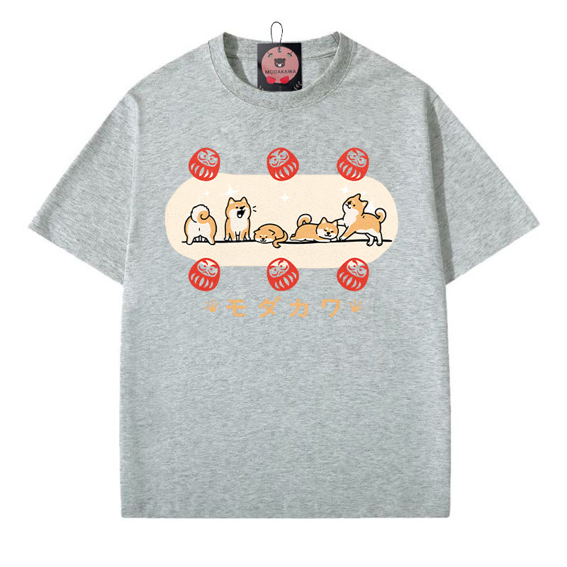Puppy Daruma Doll Letter Print Modakawa T-Shirt - Grey - 5XL - image 4