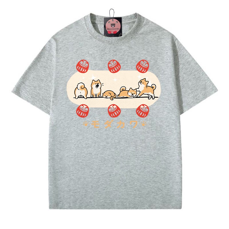Puppy Daruma Doll Letter Print Modakawa T-Shirt - Grey - 5XL - image 4