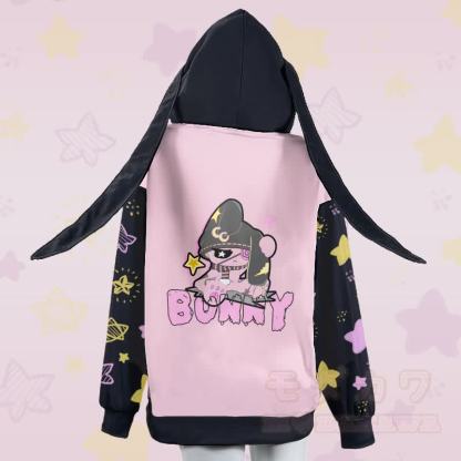 MODAKAWA Kapuzenpullover mit Hasenmotiv und Reißverschluss, langen Hasenohren und Unhappy Bunny Grafik - image 3