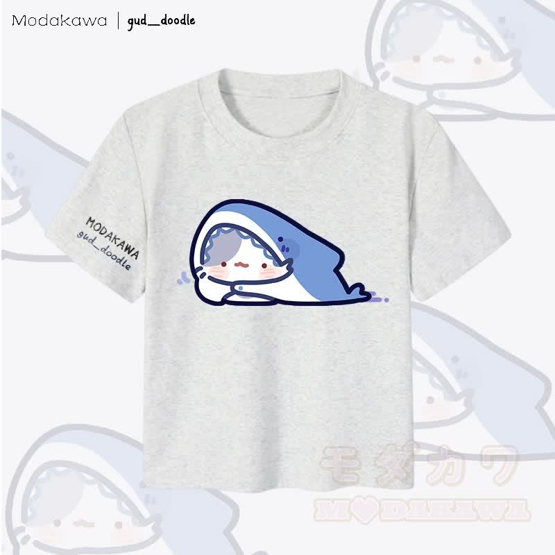 MODAKAWA x gud_doodle Kitty Shark Grafik Damen Cropped T-Shirt 92% gekämmte Baumwolle - Grau - XL - image 5