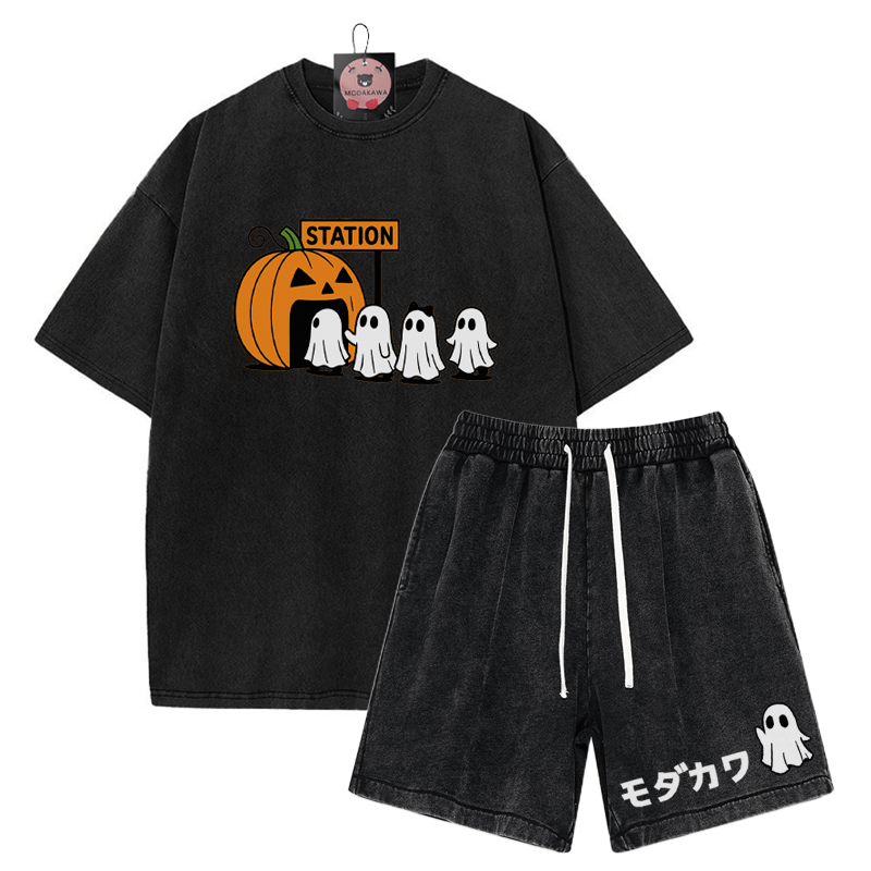 T-Shirt mit Kürbisgeist-Print, verwaschene Vintage-Shorts , MODAKAWA Zweiteiler-Set - Black - 3XL - image 4