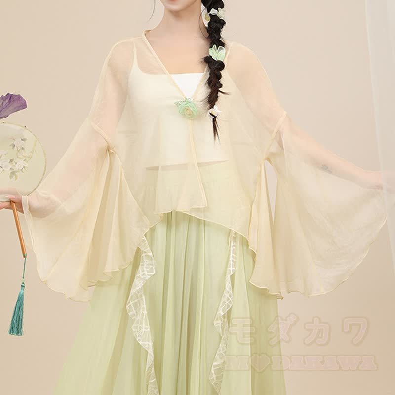 Geblümtes, transparentes Oberteil, fließender Maxirock, passendes Outfit - Beige Top - One Size - image 3