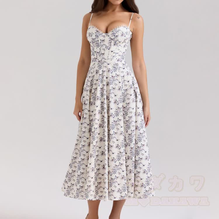 Midikleid mit Blumenmuster, Spaghettiträgern und Korsett-Oberteil - Lila - XL - image 13