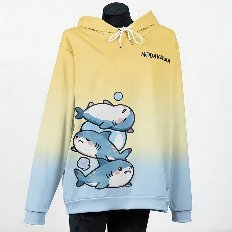 MODAKAWA Gradient Lazy Shark Graphic Pullover Hoodie - Yellow - 6XL - image 4