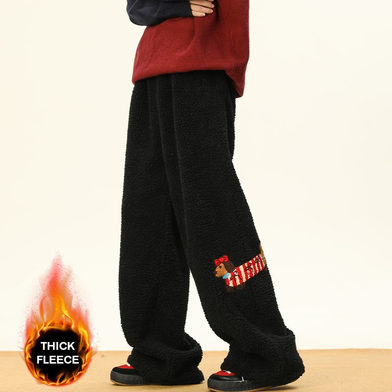 Gemütliche, dicke Sherpa-Fleece-Hose mit Welpenstickerei, Winter-Loungehose - Black – Thick Fleece - 3XL - image 5