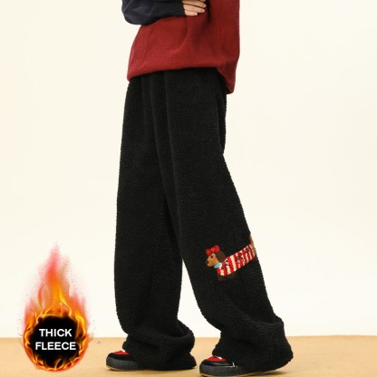 Gemütliche, dicke Sherpa-Fleece-Hose mit Welpenstickerei, Winter-Loungehose - Black – Thick Fleece - 3XL - image 5