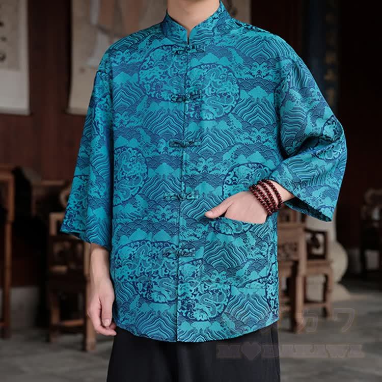 Oversize-Hemd mit Drachen-Jacquard-Muster und Stehkragen - Pfauenblauer Drache - 5XL - image 15