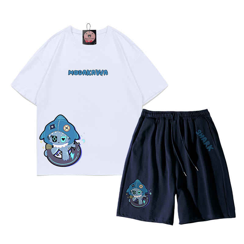 Verspieltes T-Shirt-Shorts-Set mit Hai-Grafik in dunkler Ästhetik, zweiteilig - Weiß & Purpurblau - B - 5XL - image 8