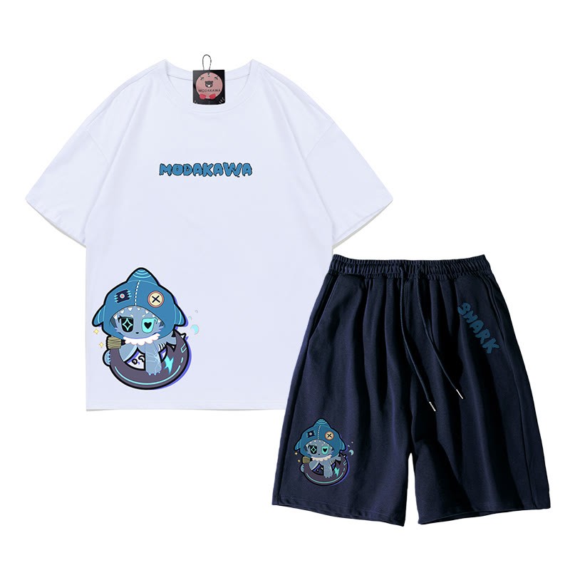 Verspieltes T-Shirt-Shorts-Set mit Hai-Grafik in dunkler Ästhetik, zweiteilig - Weiß & Purpurblau - B - 5XL - image 8