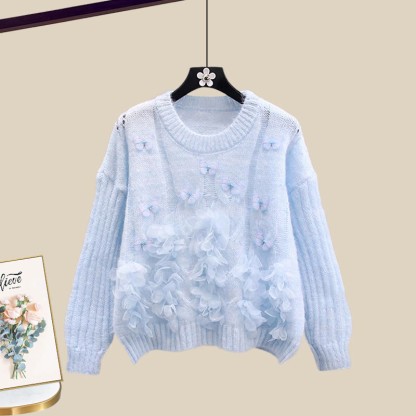 3D-Blumenstrickpullover und passender Farbverlaufrock – Outfit - Blue Sweater - XL - image 8