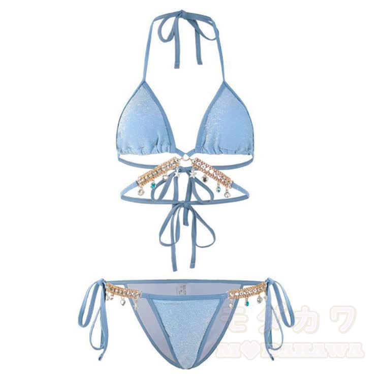 Babyblaues, perlenbesetztes Bikini-Set, dreiteilig - Blau - 2XL - image 5