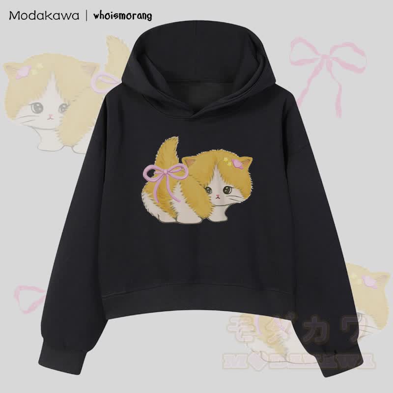 MODAKAWA X whoismorang Bow Tail Cat Graphic Cropped Cotton Hoodie - Schwarz - 3XL - image 4