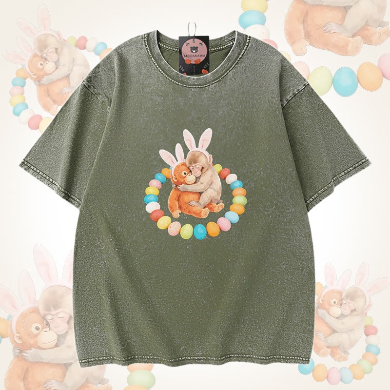 Modakawa Unisex Vintage Washed T-Shirt mit Osterei-Affen-Motiv - Green - 5XL - image 5
