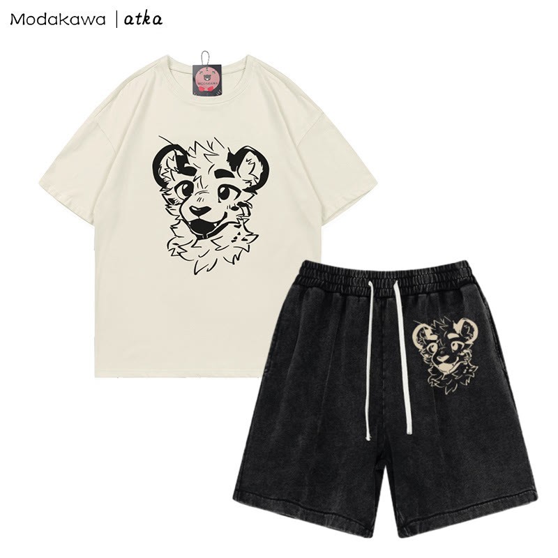 Freches T-Shirt mit Tigergesicht-Grafik und verwaschenen Vintage-Shorts, zweiteiliges Set - Beige&Black - 3XL - image 4