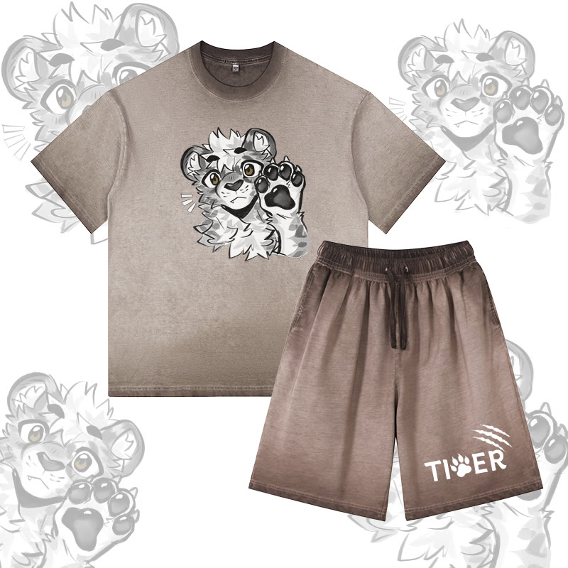 MODAKAWA X atka Tiger Paw Graphic Vintage Washed T-Shirt TIGER Letter Graphic Shorts Gradient Two Pieces Set - Khaki - 5XL - image 2