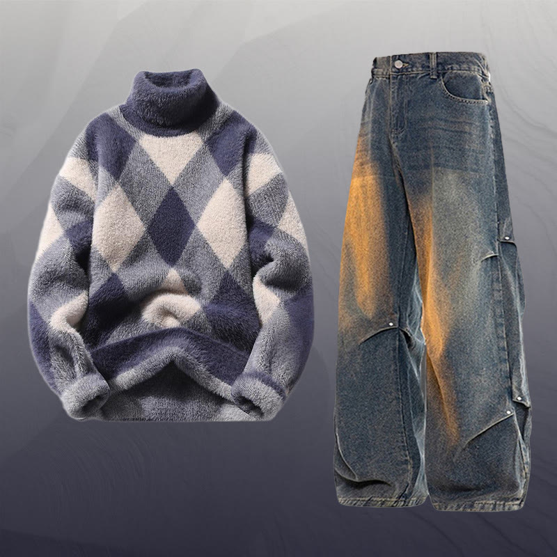 Zweiteiler aus kariertem, flauschigem Strickpullover und Jeans - Set D - 3XL - image 4