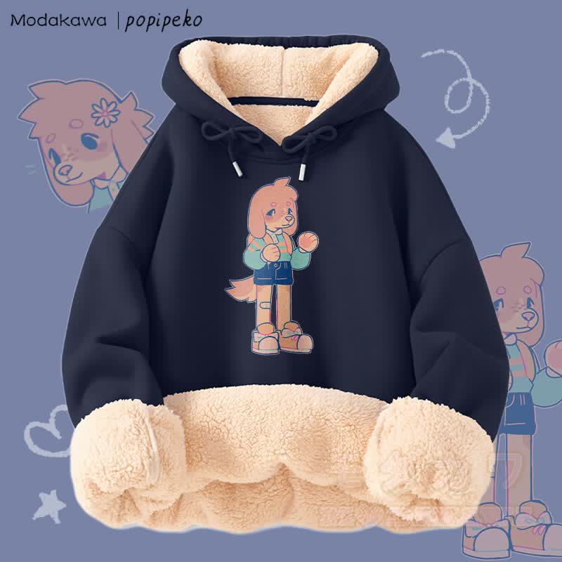 MODAKAWA X popipeko Niedlicher Welpen-Print Winterhoodie mit dickem Fleecefutter - Purpurblau - 2XL - image 4