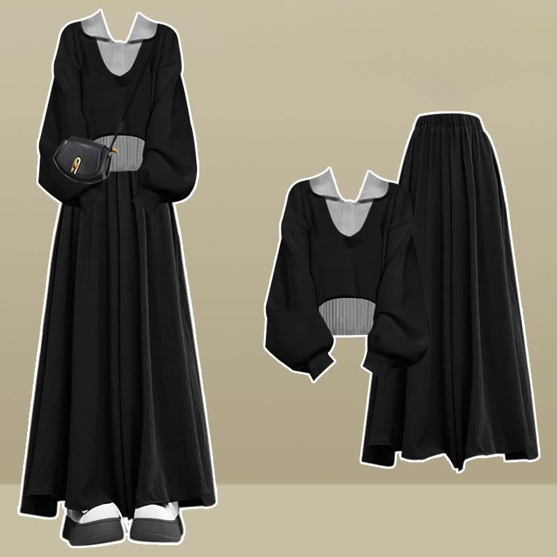 Dreiteiliges Set mit ärmellosem Strick-Oberteil und weitem Hosenrock - Schwarz - XL - image 4