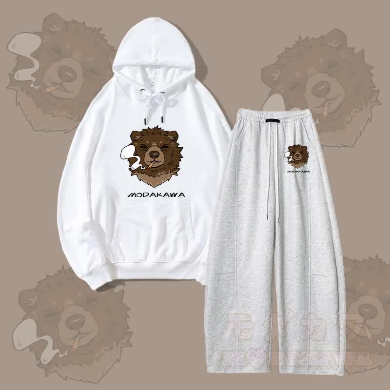 MODAKAWA Smoking Bear Grafik-Hoodie, weite Hose, zweiteiliges Set - Weiß & Grau - 5XL - image 5