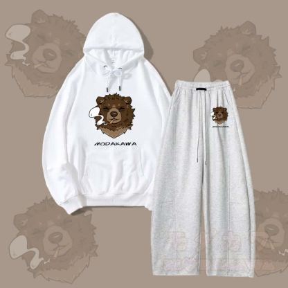 MODAKAWA Smoking Bear Grafik-Hoodie, weite Hose, zweiteiliges Set - Weiß & Grau - 5XL - image 5